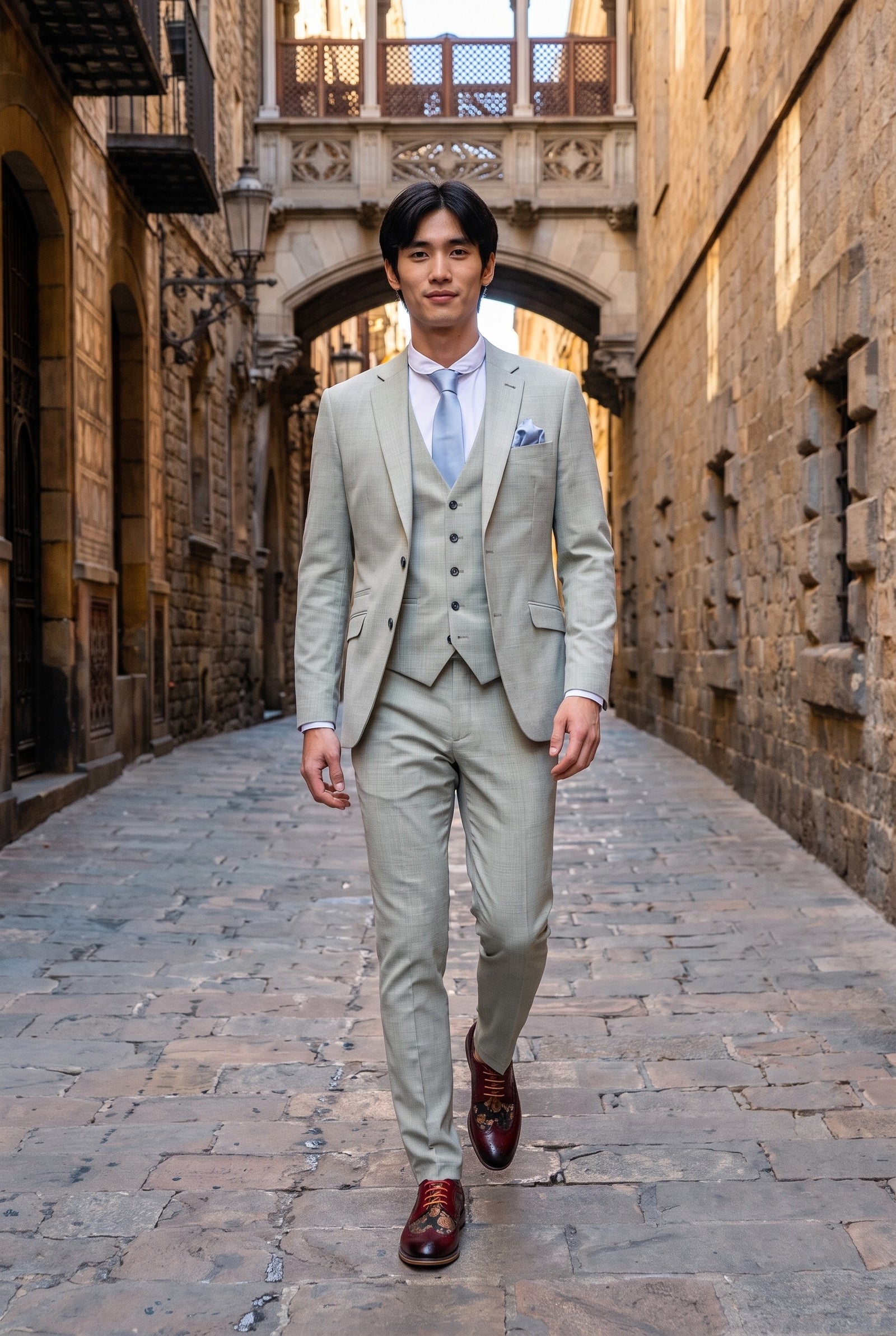 Look #238 styled with Camden - Pánský šalvějově zelený třídílný oblek na míru