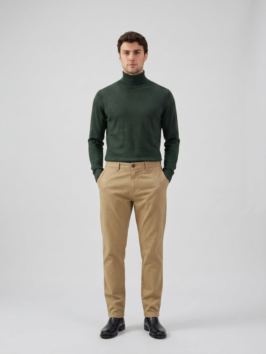 Pánské khaki chino kalhoty z letního materiálu Tencel z lněné směsi