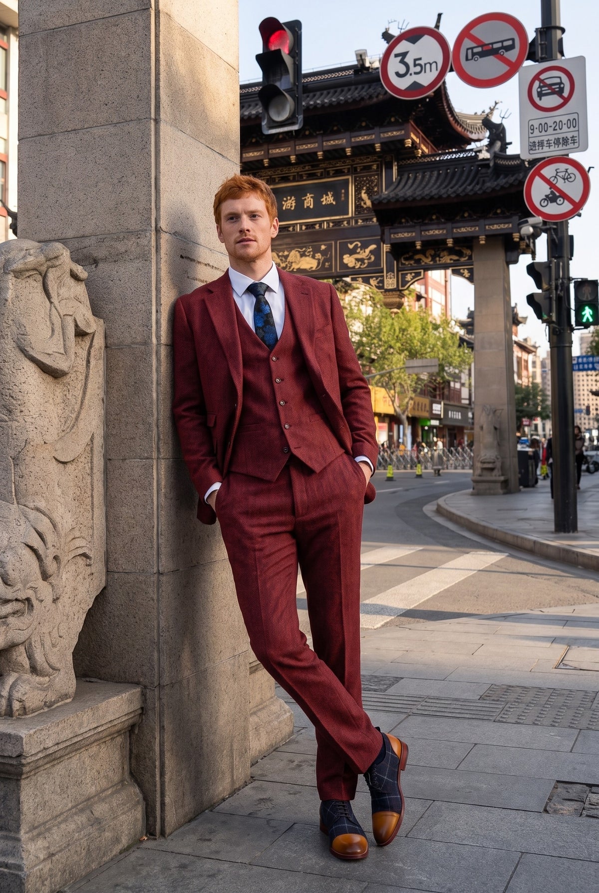 Look #271 styled with Pánský třídílný tvídový oblek s motivem rybí kosti v vínově červené barvě - STZ11