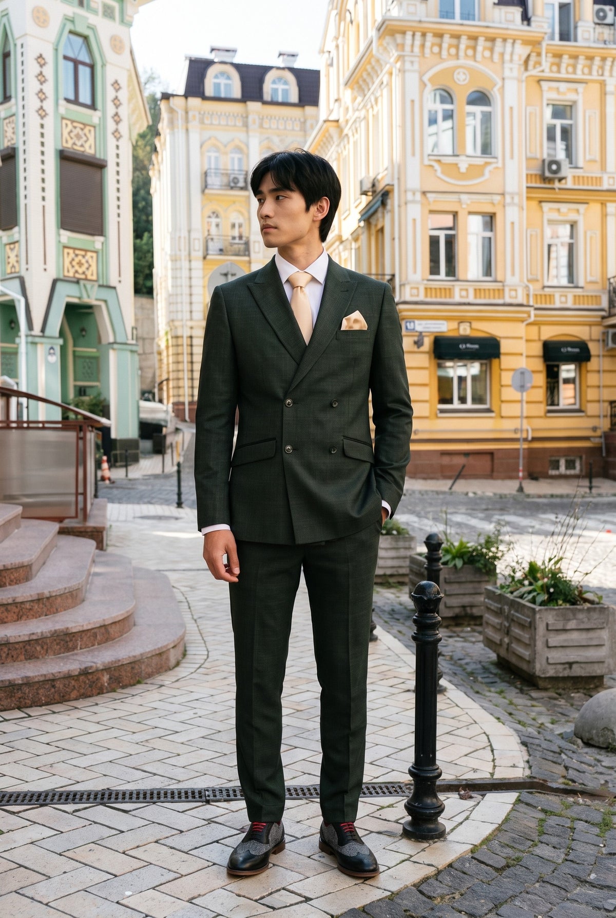 Look #780 styled with Caridi - Pánský dvoudílný olivově zelený dvouřadý oblek