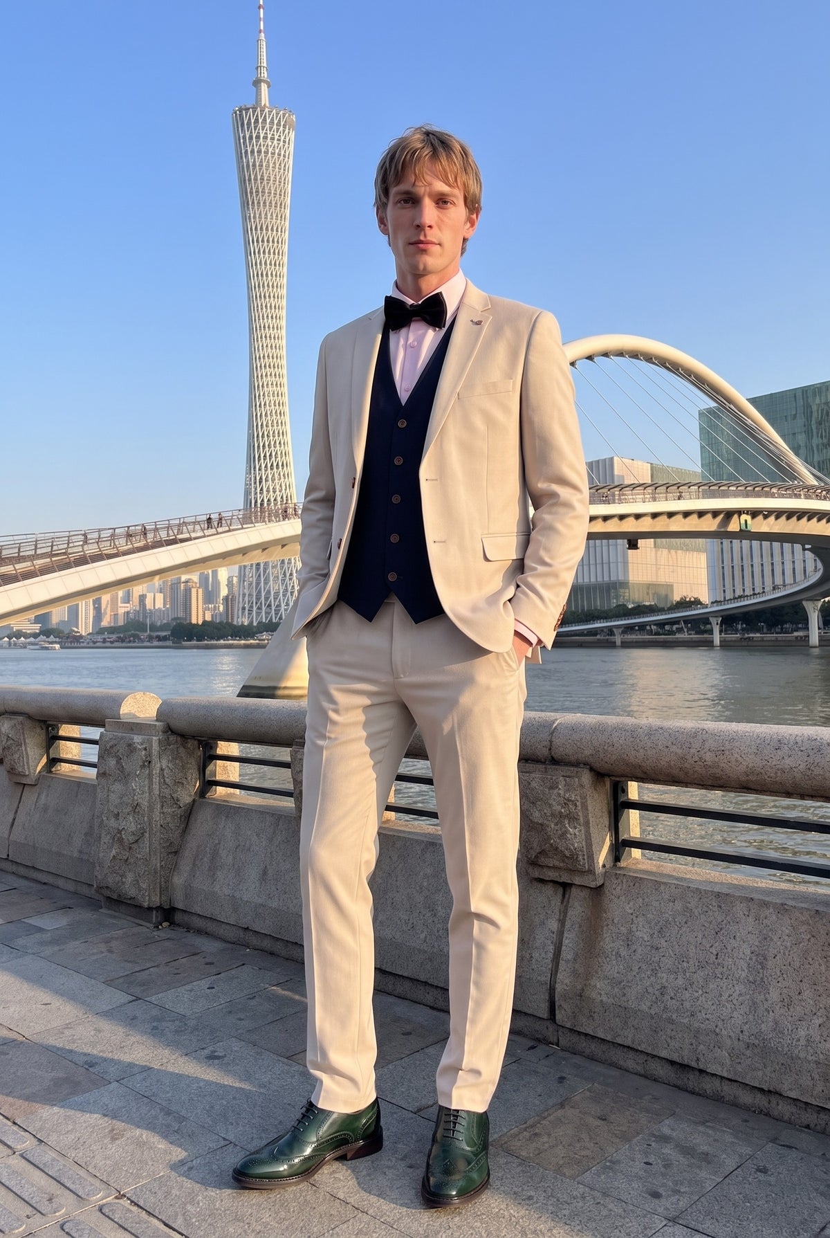 Look #999 styled with Mayfair - Pánský třídílný krémový oblek s tmavě modrou vestou