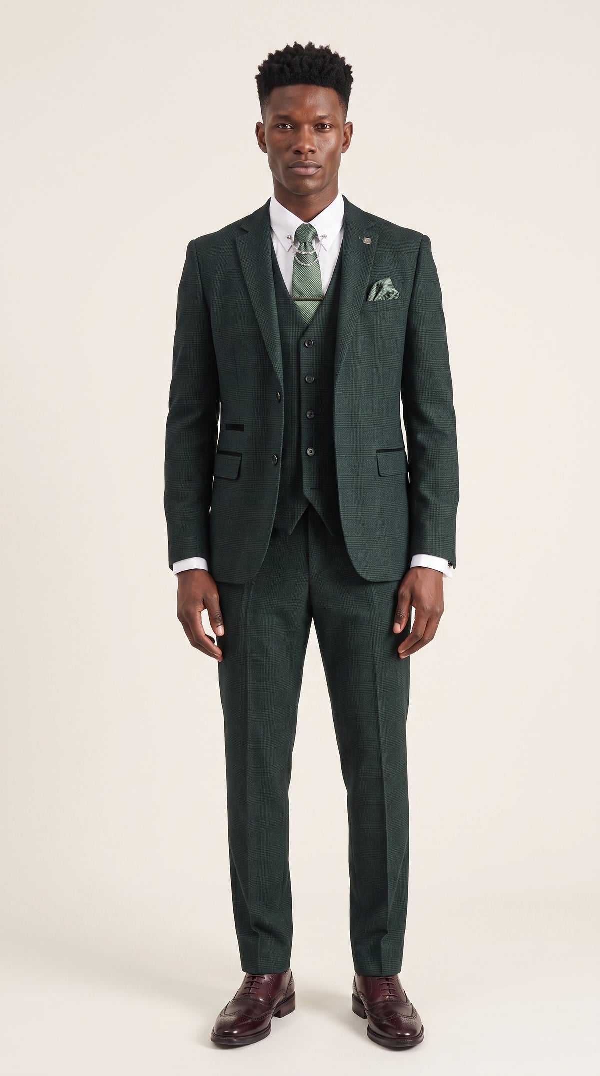 Look #204 styled with Regent - Pánský zelený třídílný kostkovaný oblek s motivem prince z Walesu