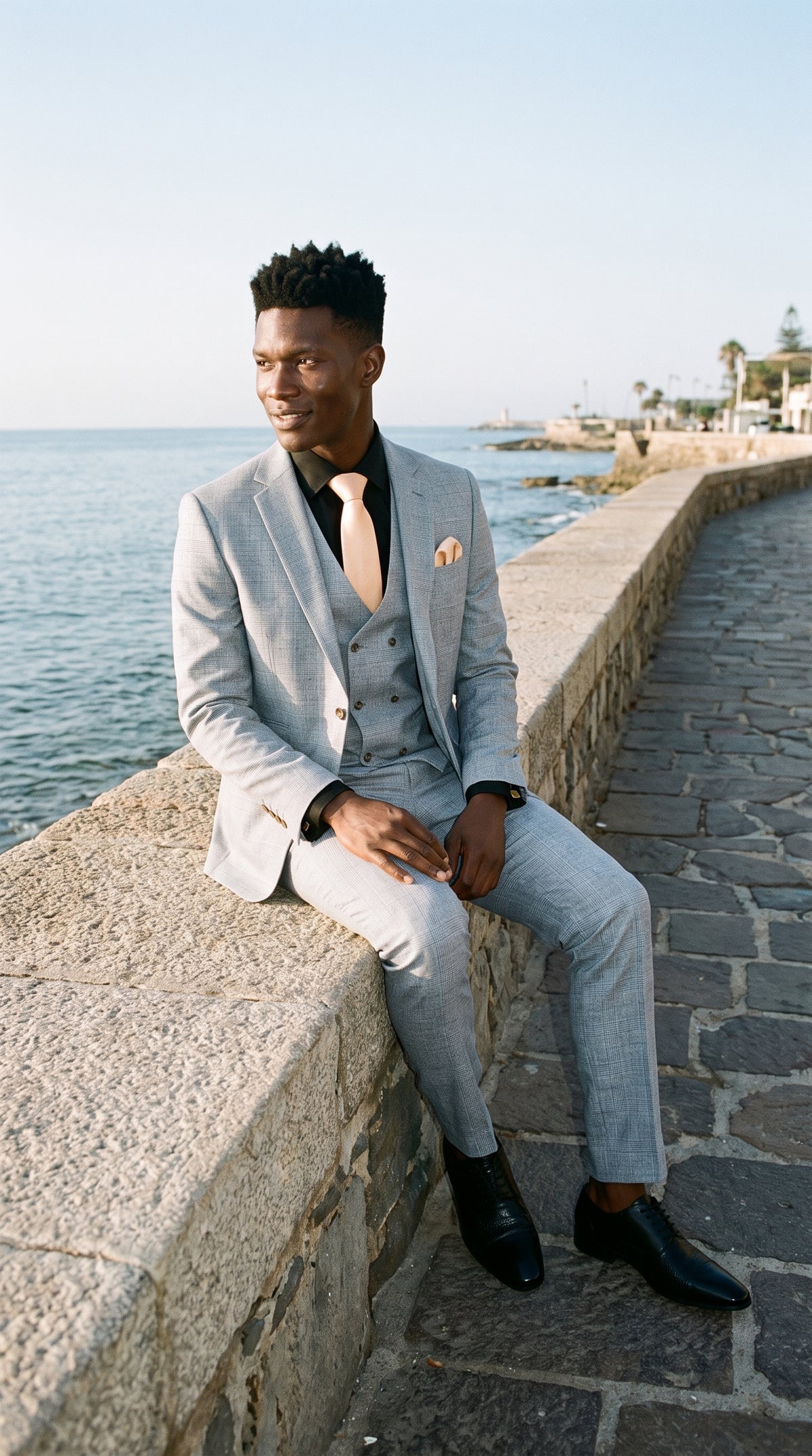 Look #493 styled with Luis - Pánský světle modrý kostkovaný oblek slim střihu