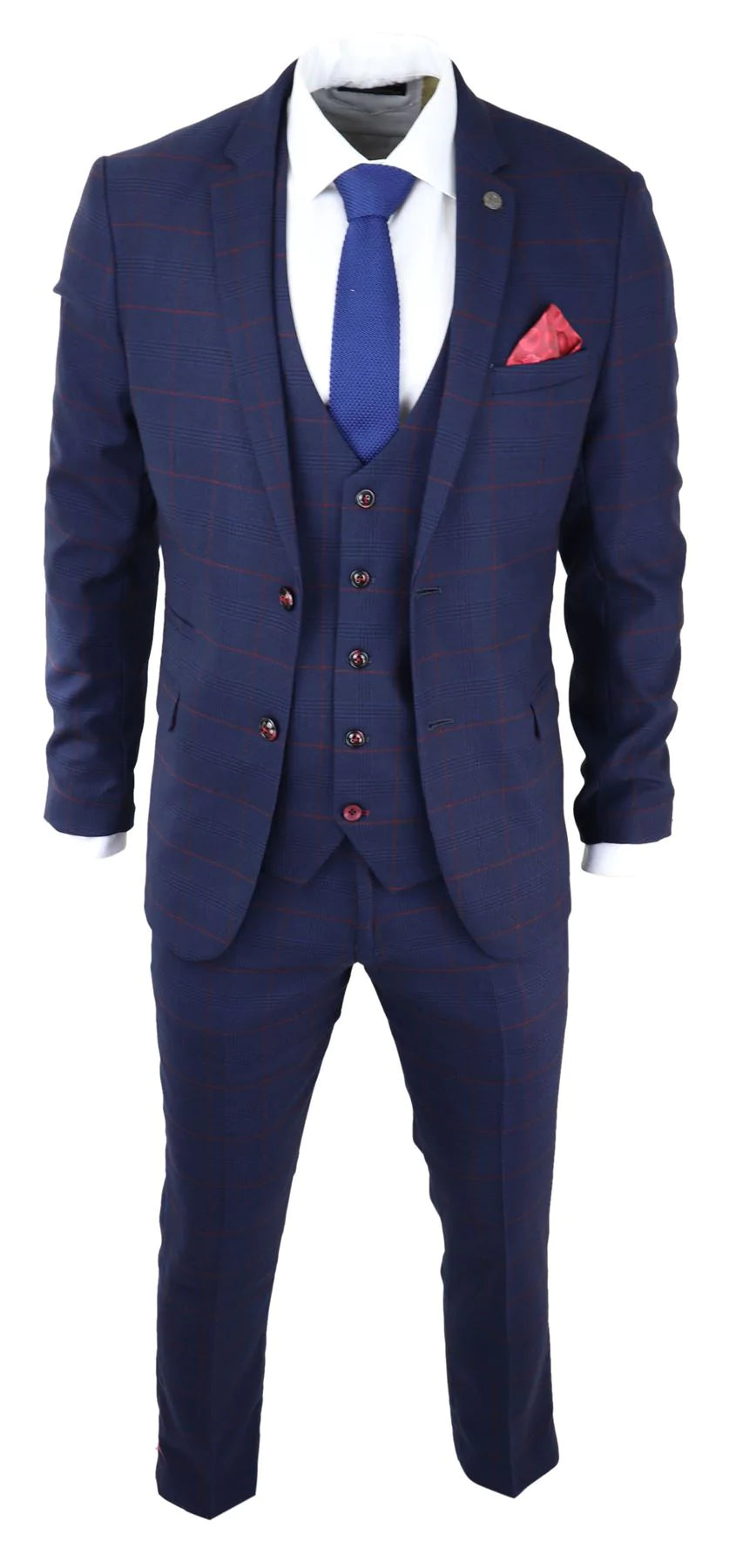 Mens Navy Check 3 Piece Suit Red Edinson Marc Darcy Classic Vintage Wedding