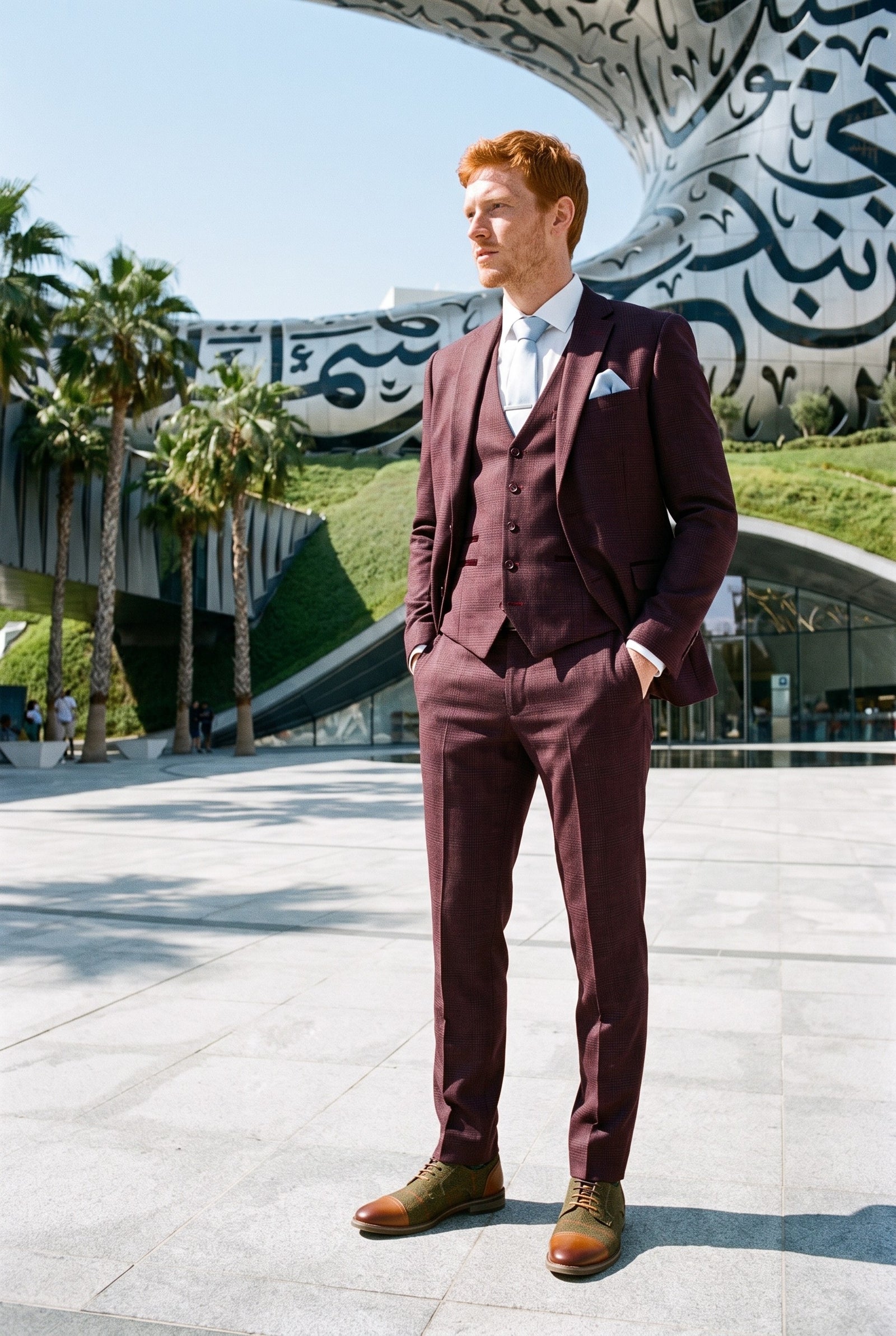 Look #286 styled with Regent - Pánský třídílný kostkovaný oblek s motivem prince z Walesu ve vínové barvě