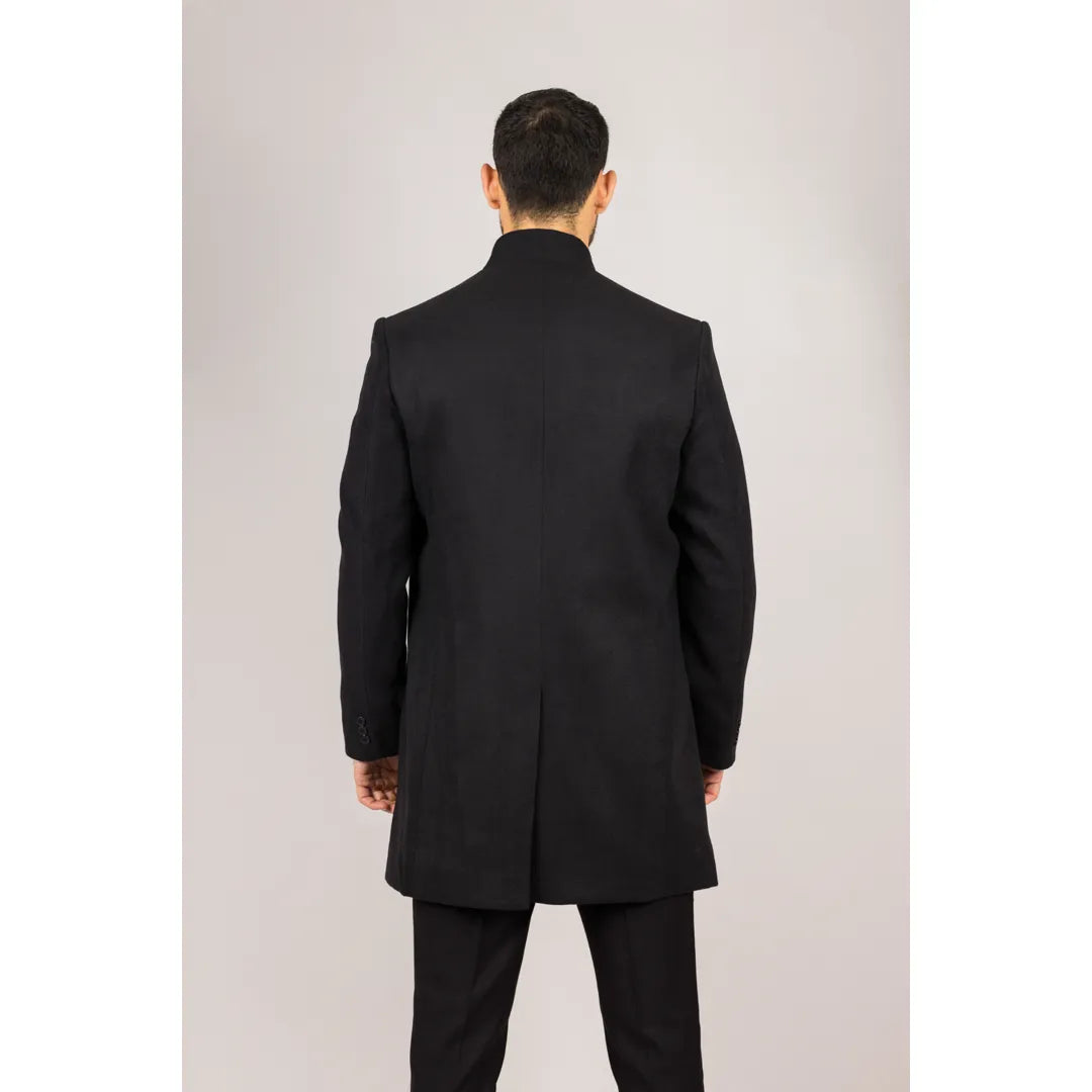 Men's Stand Collar Wool Blend Black Overcoat