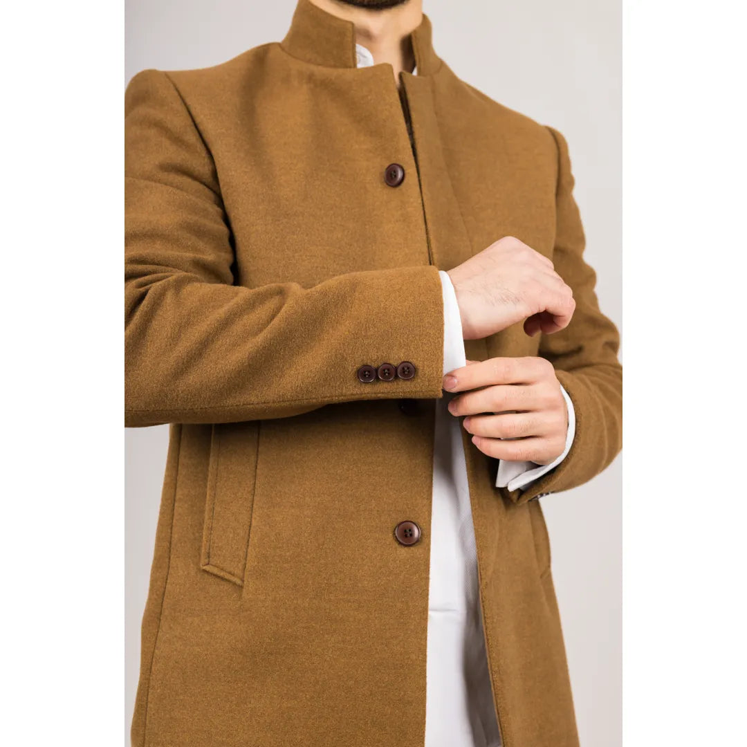 Men's Stand Collar Wool Blend Tan Overcoat