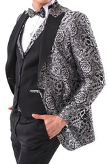 Mens Silver Floral Black Tuxedo Suit 3 Piece Wedding Prom Party Grooms Ceremony