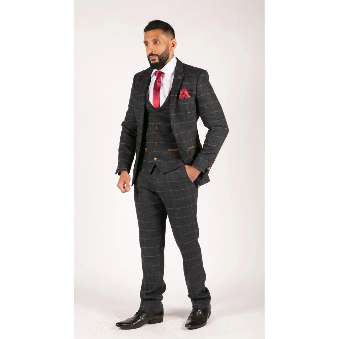 Pánský tmavě modrý tvídový oblek s motivem rybí kosti, vintage styl, 3dílný nový oblek Marc Darcy