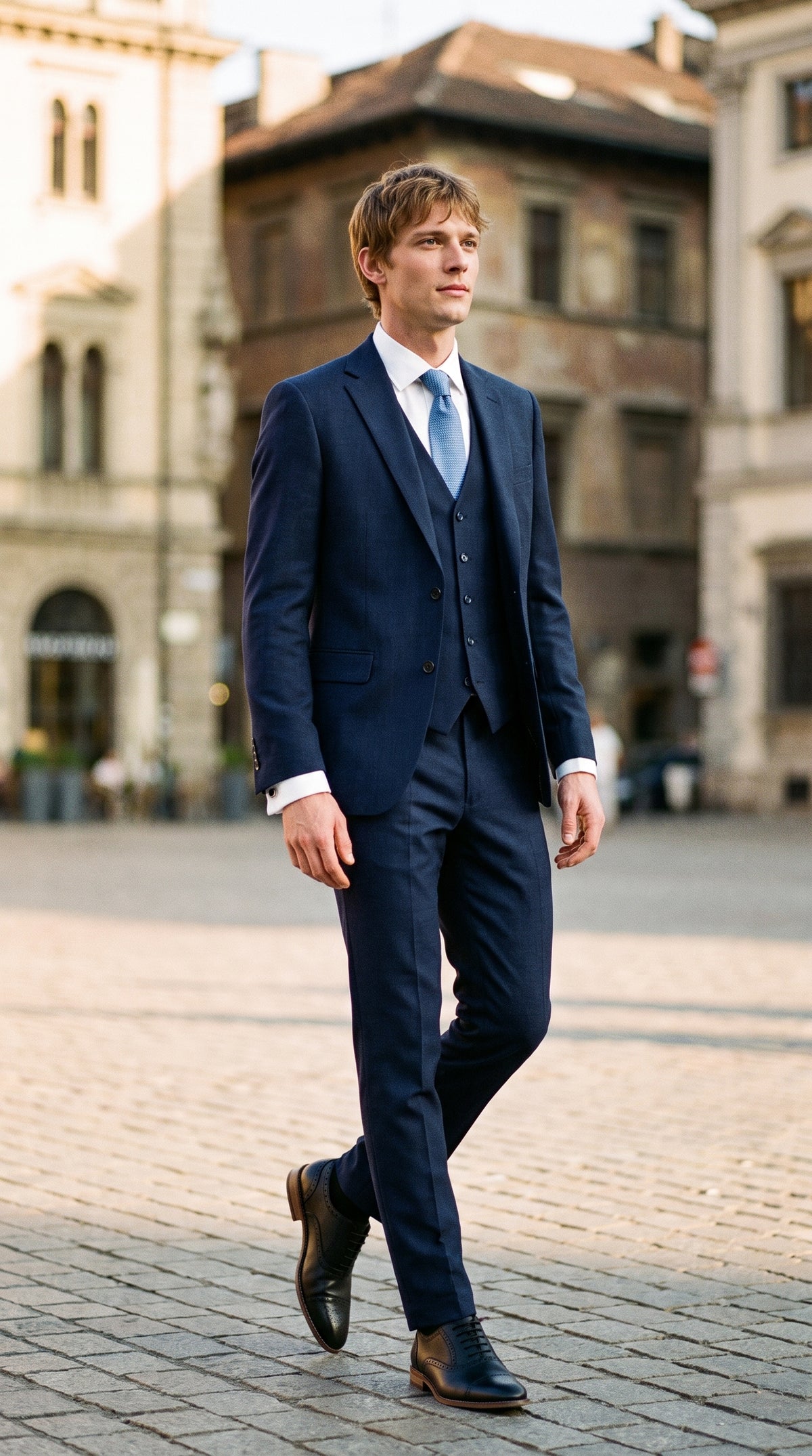 Look #822 styled with James - Pánský tmavě modrý třídílný vlněný oblek na míru
