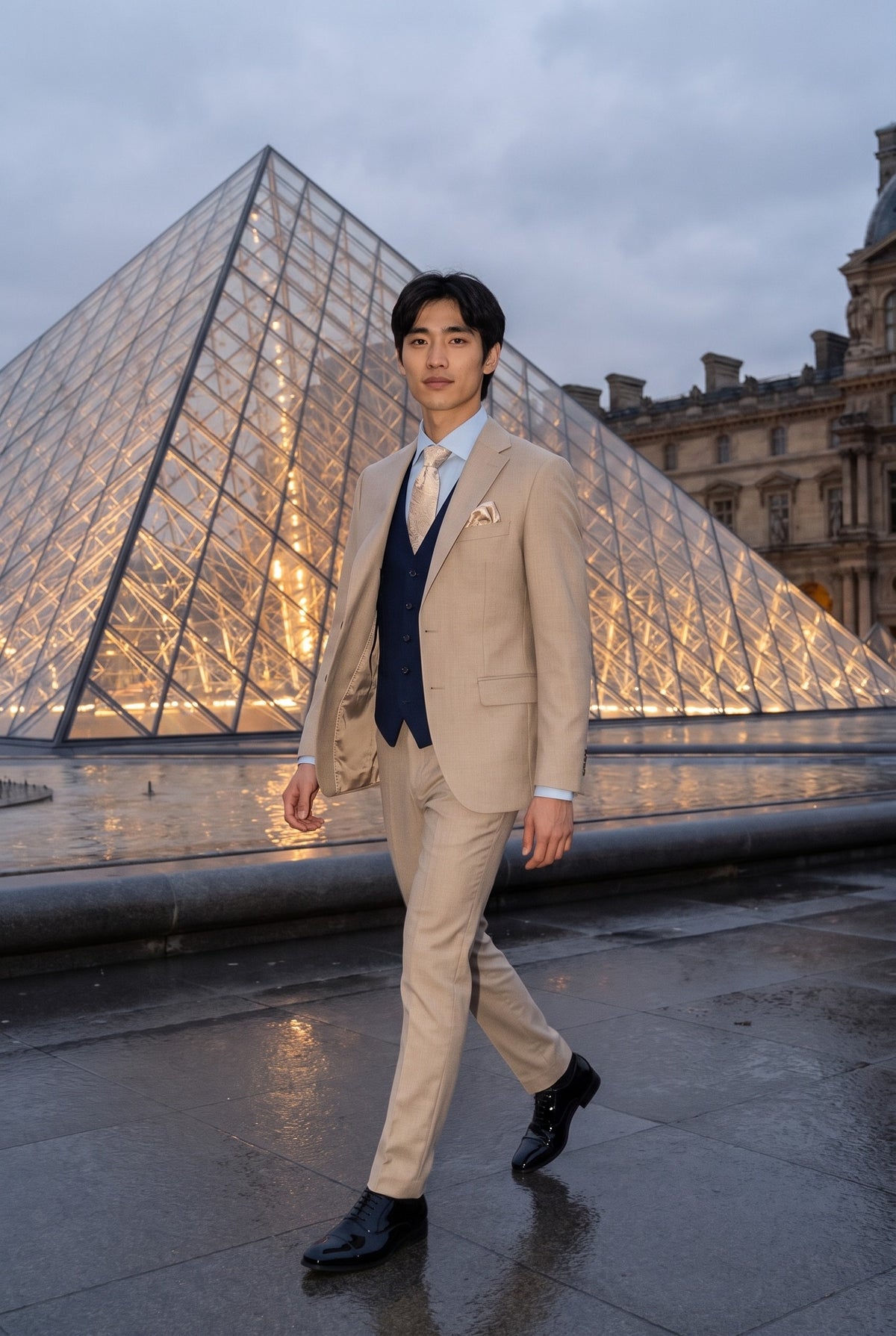 Look #1000 styled with Mayfair - Pánský třídílný krémový oblek s tmavě modrou vestou