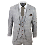 Francis Men's Grey 3-Piece Wedding Suit with Tan Brown Check and Velvet Trim