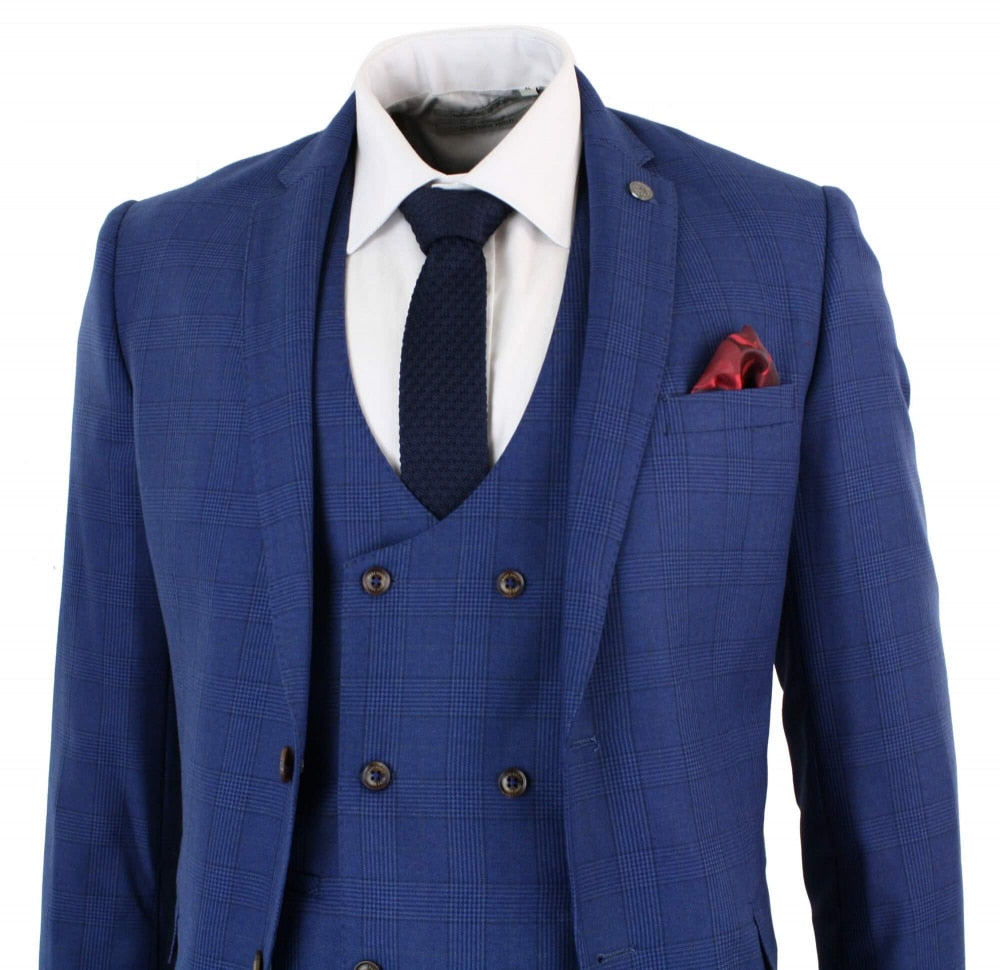 Mens Blue Check 3 Piece Slim Fit Suit