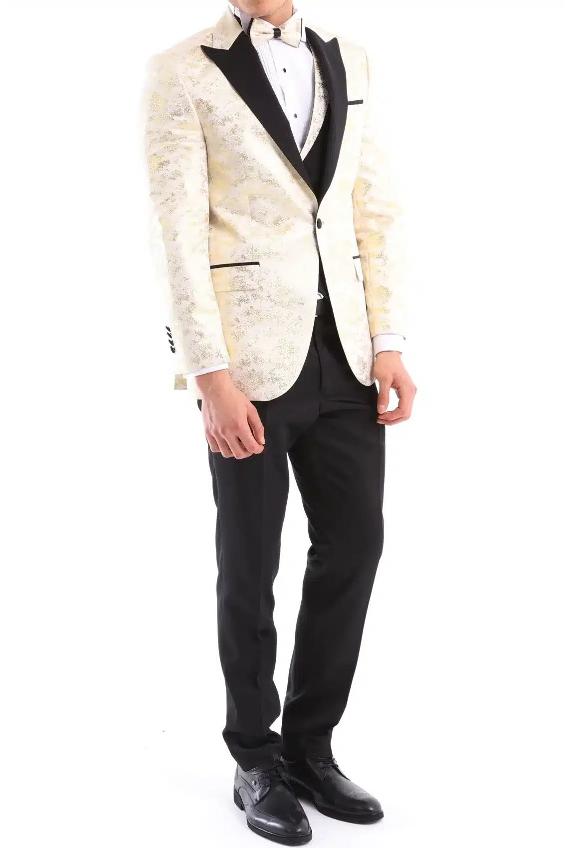 Mens 3 Piece Cream Black Ivory Suit Bow Tie Tuxedo Ceremony Wedding Grooms Prom
