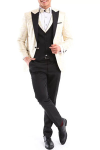 Mens 3 Piece Cream Black Ivory Suit Bow Tie Tuxedo Ceremony Wedding Grooms Prom