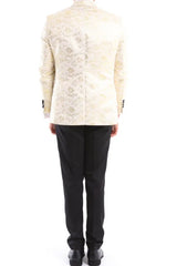 Mens 3 Piece Cream Black Ivory Suit Bow Tie Tuxedo Ceremony Wedding Grooms Prom