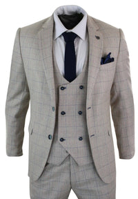 Men's 3 Piece Cream Blue-Check Suit