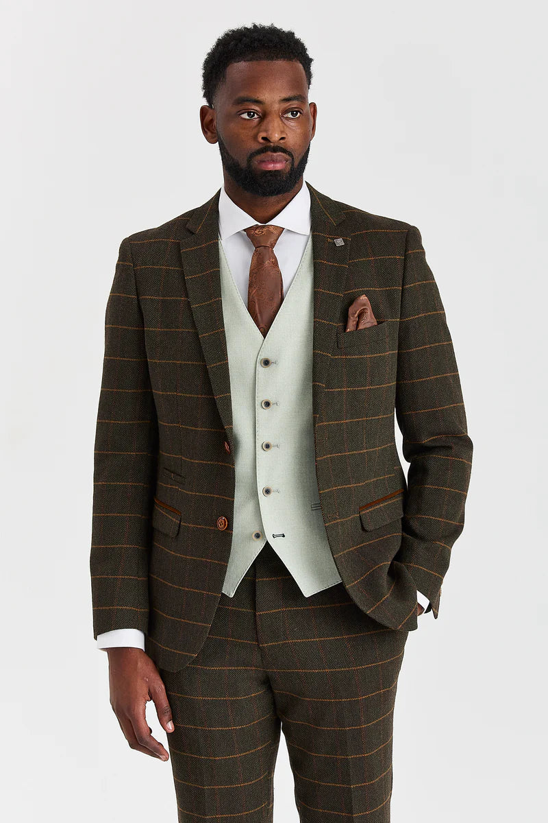 Harris Green Check Tweed oblek s kontrastní vestou Belmont Sage