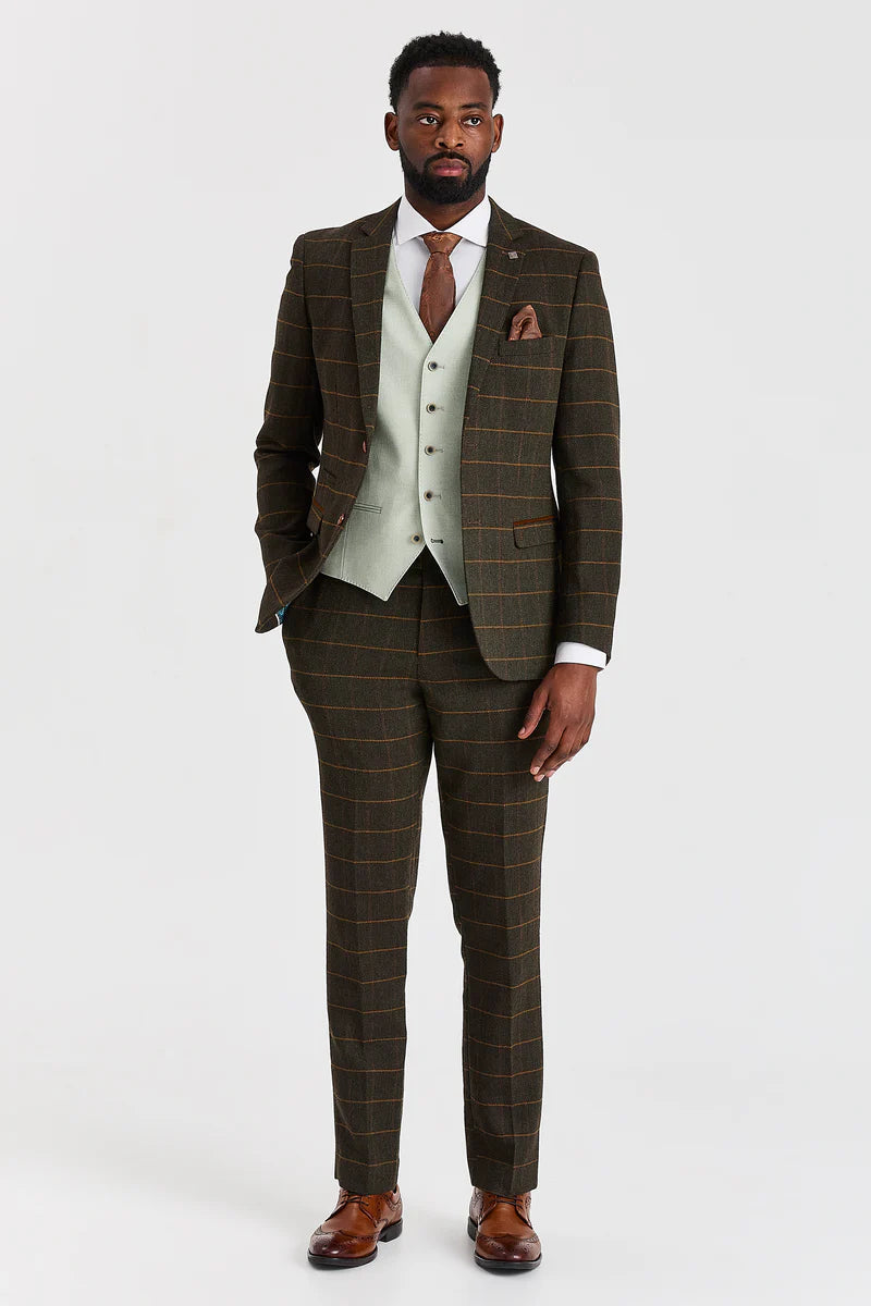 Harris Green Check Tweed oblek s kontrastní vestou Belmont Sage