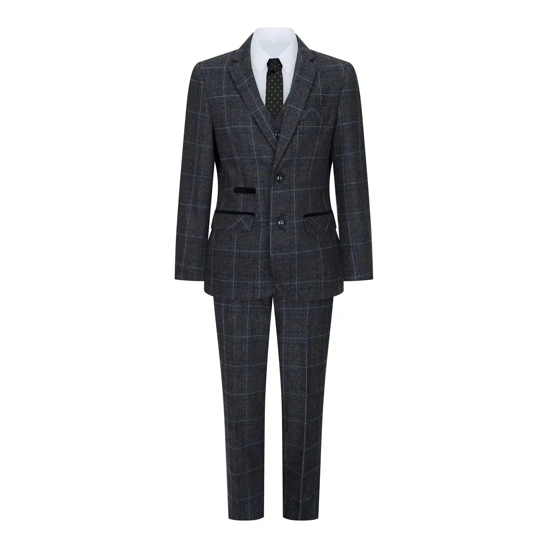 Boys Grey Black 3 Piece Tweed Suit Herringbone Wine Vintage Retro