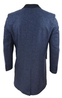 Herringbone Tweed 3/4 Long Overcoat-Navy
