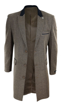 Herringbone Tweed 3/4 Long Overcoat-Oak