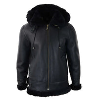 Men's Black Leather Sherling Sheepskin Hood Jacket Aviator Flying Pilot
