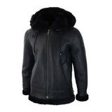 Men's Black Leather Sherling Sheepskin Hood Jacket Aviator Flying Pilot