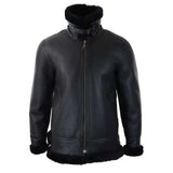 Men's Black Leather Sherling Sheepskin Hood Jacket Aviator Flying Pilot