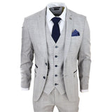 Hugo Men's Light Grey 3-Piece Suit with Navy Blue Check and Velvet Trims