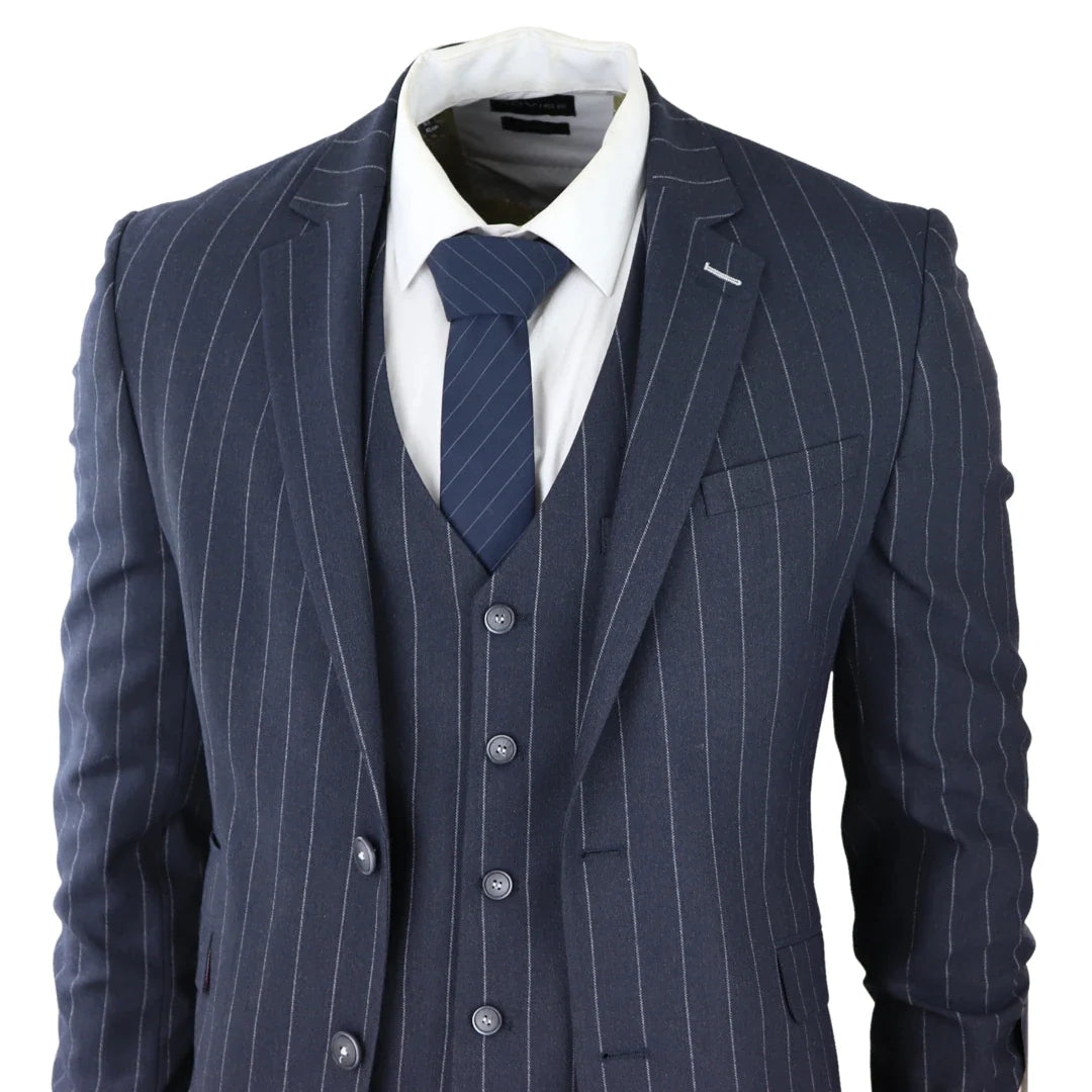 Mens 3 Piece Suit Pin Stripe Navy Classic Vintage Retro 1920s Tailored Fit Wedding
