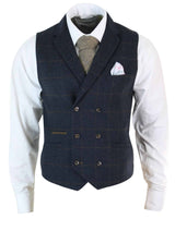 Mens Double Breasted Herringbone Tweed Peaky Blinders Vintage Check Waistcoat Navy Blue