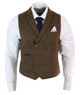 Mens Double Breasted Herringbone Tweed Peaky Blinders Vintage Check Waistcoat Tan Brown