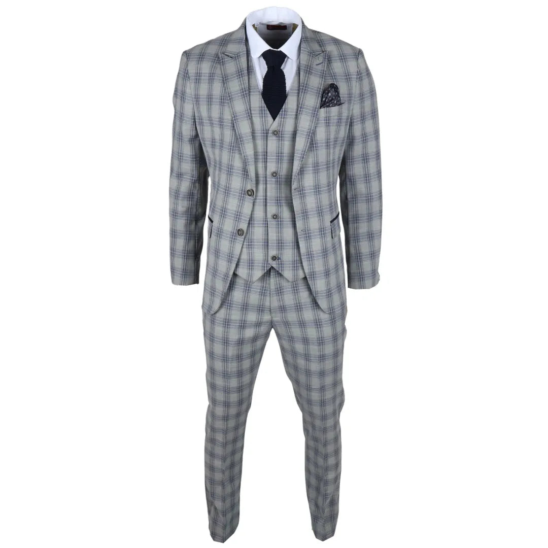 Knight Men's 3-Piece Grey and Blue Checked Suit