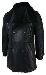 Mens Black 3/4 Military Real Sherling Sheepskin Batman Bane Double Breasted