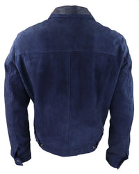 Mens Genuine Suede Jacket Leather Jeans Denim Short Mens Biker Classic Vintage Navy