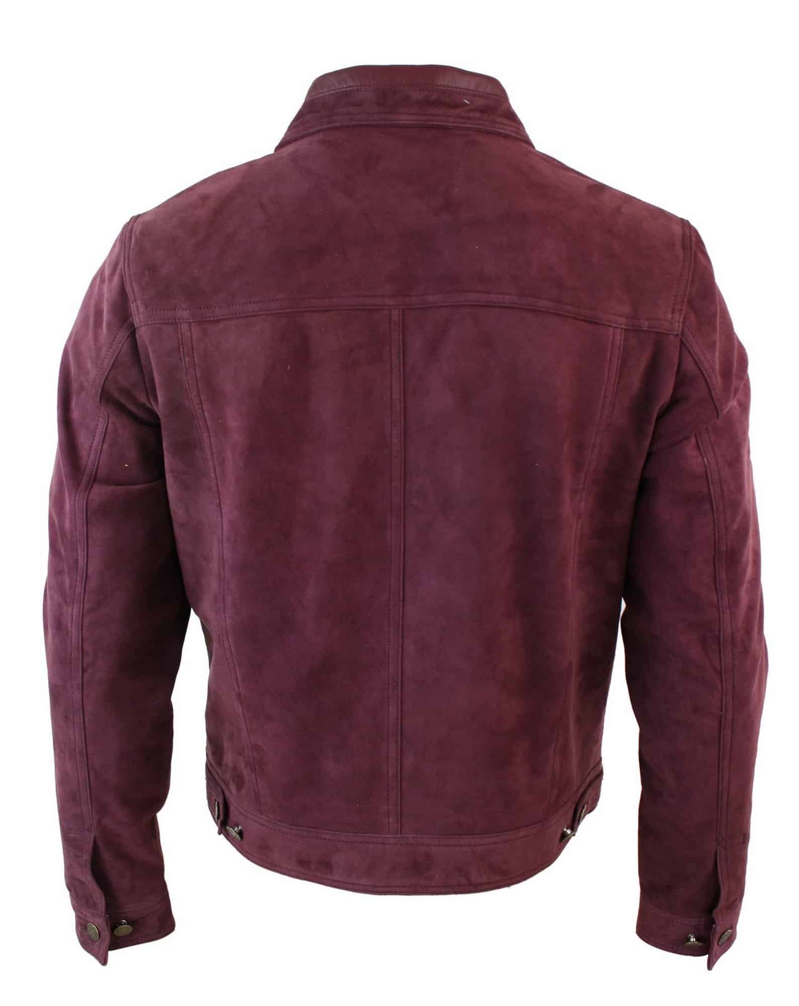 Real Suede Leather Mens Vintage Short Denim Style Retro Jean Jacket Casual - Burgundy Color