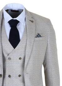 Luis - Pánský krémový kostkovaný slim střihový oblek