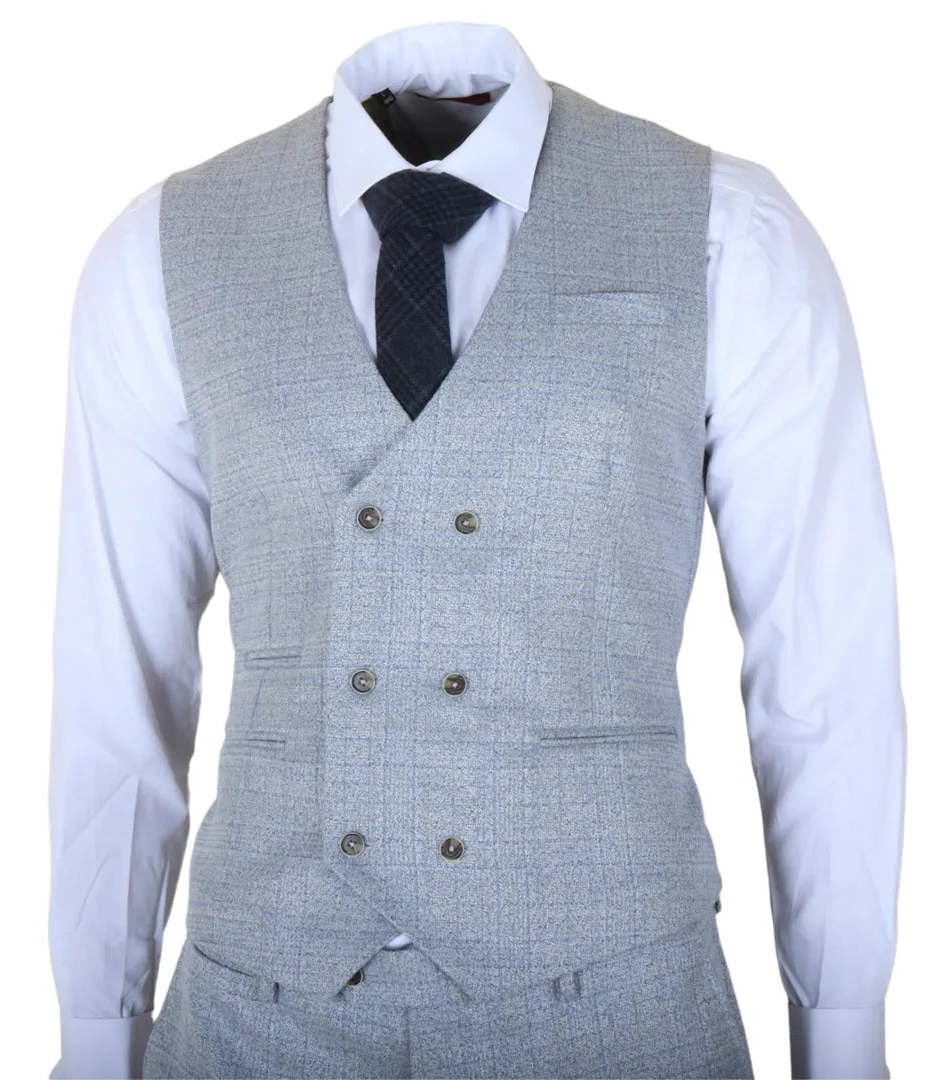 Luis - Pánský světle modrý kostkovaný oblek slim střihu