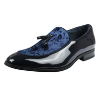 Men's Slip On Tassel Velvet Detailed Patent Navy Loafers