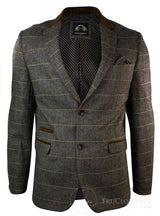 Mens Check Vintage Herringbone Tweed Grey Charcoal Blazer Jacket Fitted-Tan