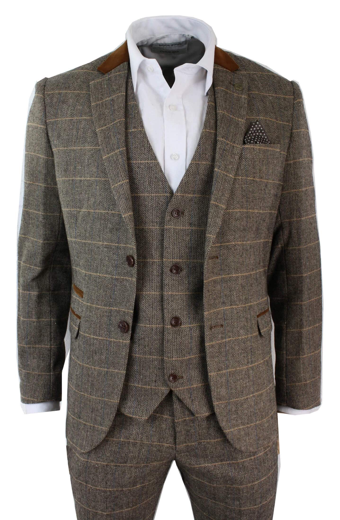 Mens Check Vintage Herringbone Tweed Tan 3 Piece Suit Slim Fit Wedding