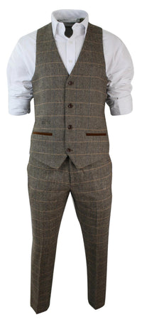 Mens Check Vintage Herringbone Tweed Tan 3 Piece Suit Slim Fit Wedding
