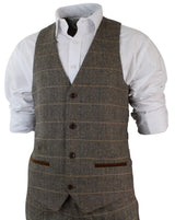 Mens Check Vintage Herringbone Tweed Tan 3 Piece Suit Slim Fit Wedding