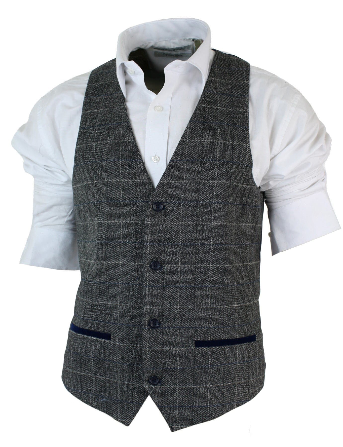 Mens Slim Fit Check Grey Tan Brown Waistcoat Smart Casual Tweed Check Navy-Grey Navy
