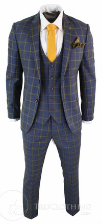 Marc Darcy SBC Roman - Mens 3 Piece Blue Gold Slim Fit Prince Of Wales Check Suit Marc Darcy Wedding Prom