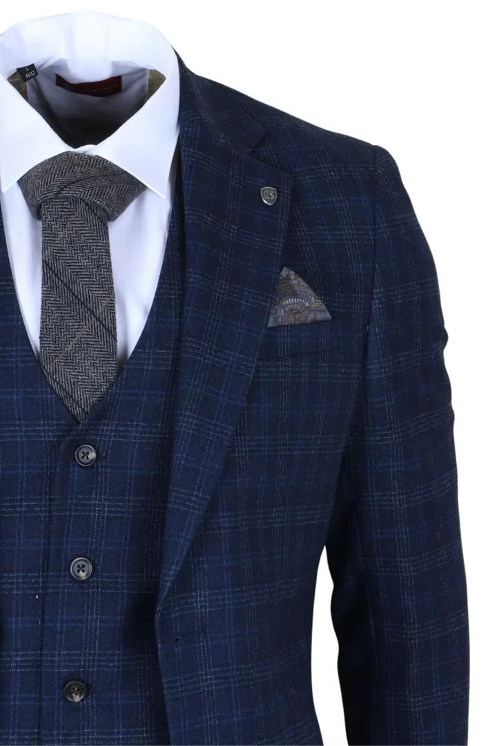 Marcos - Pánský tmavě modrý kostkovaný oblek slim střihu