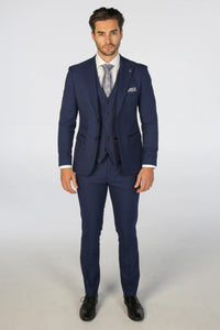 Mark - Men's Navy Blue 3 Piece Checked Tailored Fit Suit