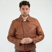 Real Leather Vintage Washed Brown Timber Mens Biker Jacket Cross Zip Retro Casual-Nevada Timber