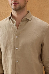 Pánská tmavě béžová košile s dlouhým rukávem a knoflíky z čistého lnu, letní košile